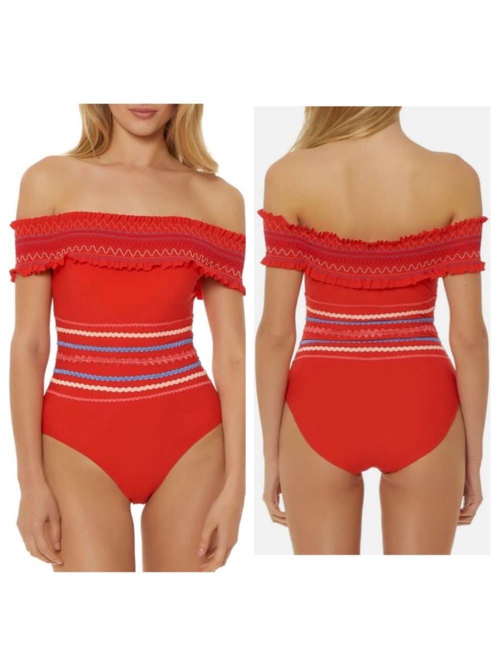 Red Carter Smocked Off-the-Shoulder One-Piece Embroidered Swimsuit Red L Large